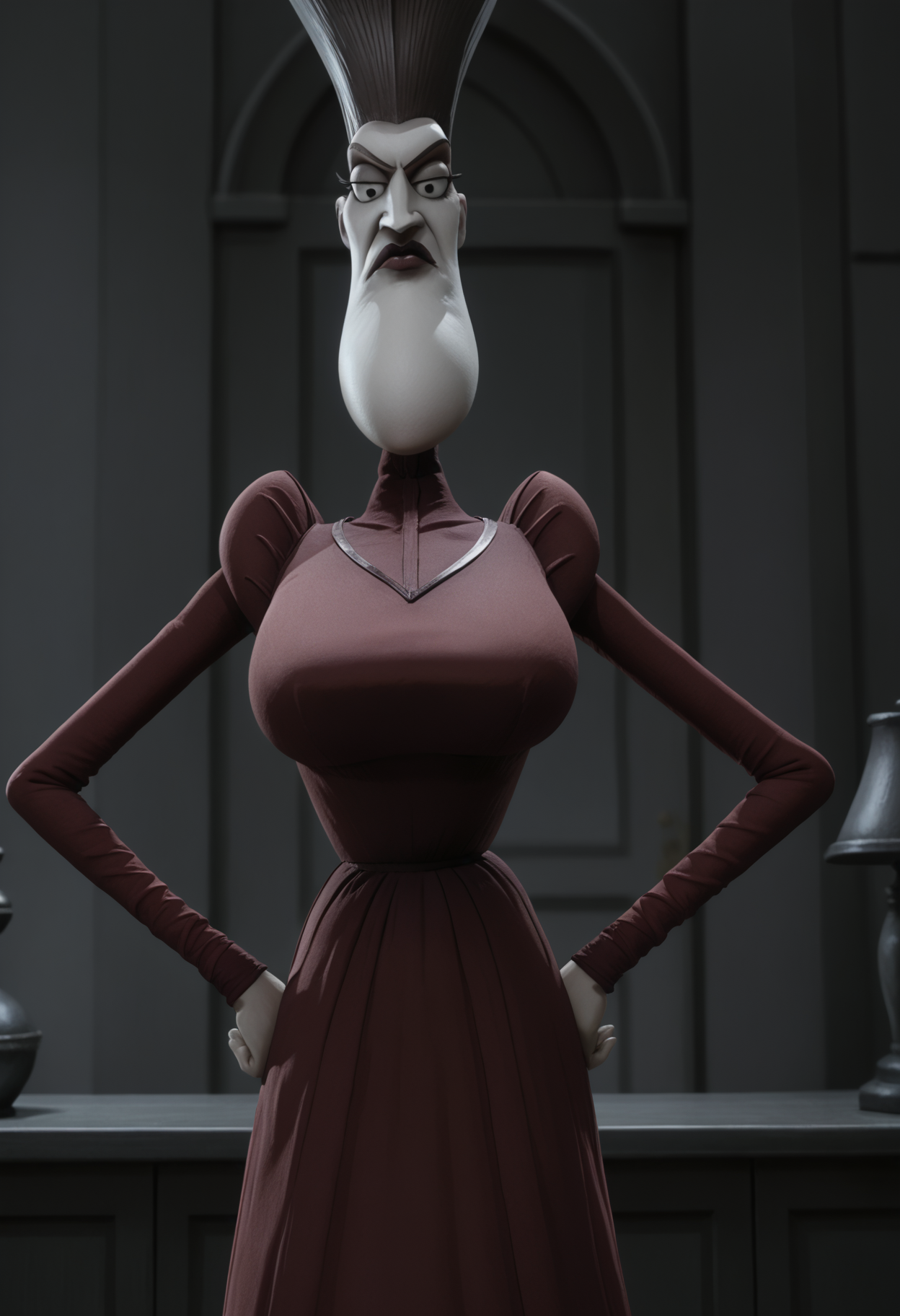<lora:Maudeline_Everglot-Corpse_Bride:0.9>,Maudeline Everglot,mature female,1girl,solo,large breasts,red dress,cowboy shot,hands on own hips,looking at viewer,indoors