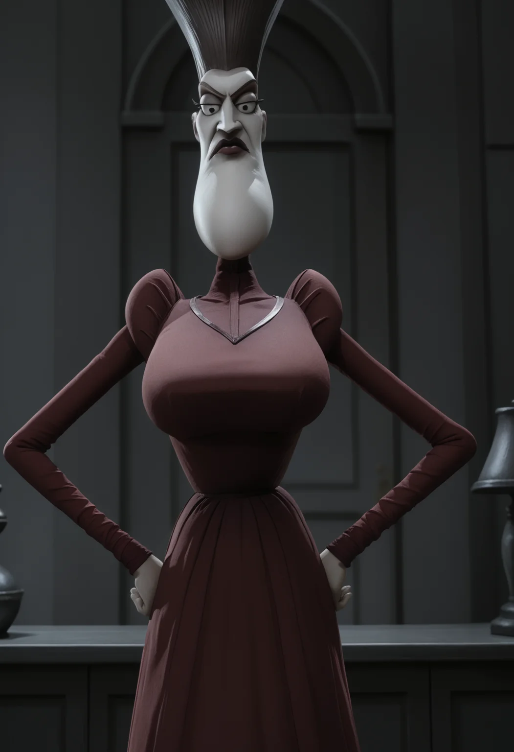 <lora:Maudeline_Everglot-Corpse_Bride:0.9>,Maudeline Everglot,mature female,1girl,solo,large breasts,red dress,cowboy shot,hands on own hips,looking at viewer,indoors