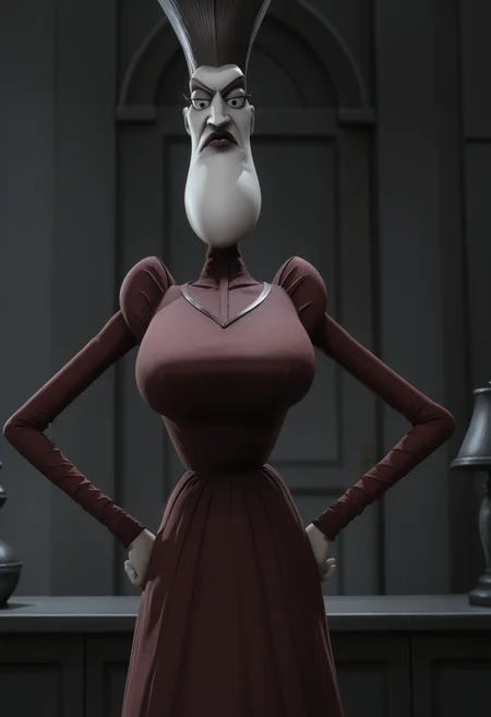 <lora:Maudeline_Everglot-Corpse_Bride:0.9>,Maudeline Everglot,mature female,1girl,solo,large breasts,red dress,cowboy shot,hands on own hips,looking at viewer,indoors