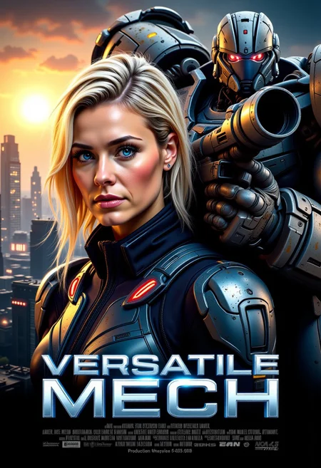 A sci-fi mecha action movie poster featuring a woman and a heavy mech in a futuristic cityscape with the setting sun. The image is a ground level shot. A close-up portrait shot of a confident young woman with platinum blonde hair and striking blue eyes wearing a futuristic and metallic blue bodysuit covers the left side of the image. On the right side of the image behind her a towering large heavy mech looms over her. The mech's surface is weathered metallic, painted in dark and grey illuminated by glowing red diodes, holding a huge futuristic energy cannon. The background is a futuristic city with a fiery explosion in the distance. The movie title 'Versatile Mech' written in metallic font with glowing trim. Production credits written below the movie title. aidmatextimprover, high contrast,