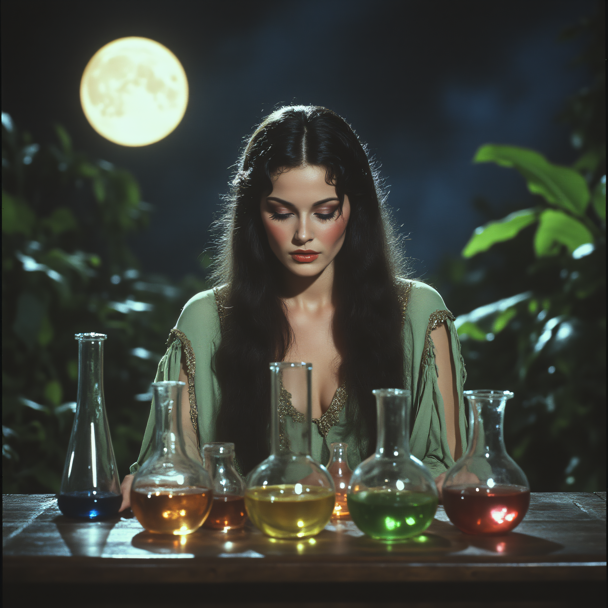 ArsMovieStill, 80s Fantasy Movie Still, The image shows a woman in a green dress sitting at a table with several glass flasks filled with different colored liquids. She is holding something in her hand and there are plants in the background., 1girl, solo, moon, black hair, long hair, full moon, plant, night, closed eyes, letterboxed