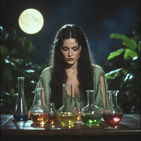 ArsMovieStill, 80s Fantasy Movie Still, The image shows a woman in a green dress sitting at a table with several glass flasks filled with different colored liquids. She is holding something in her hand and there are plants in the background., 1girl, solo, moon, black hair, long hair, full moon, plant, night, closed eyes, letterboxed