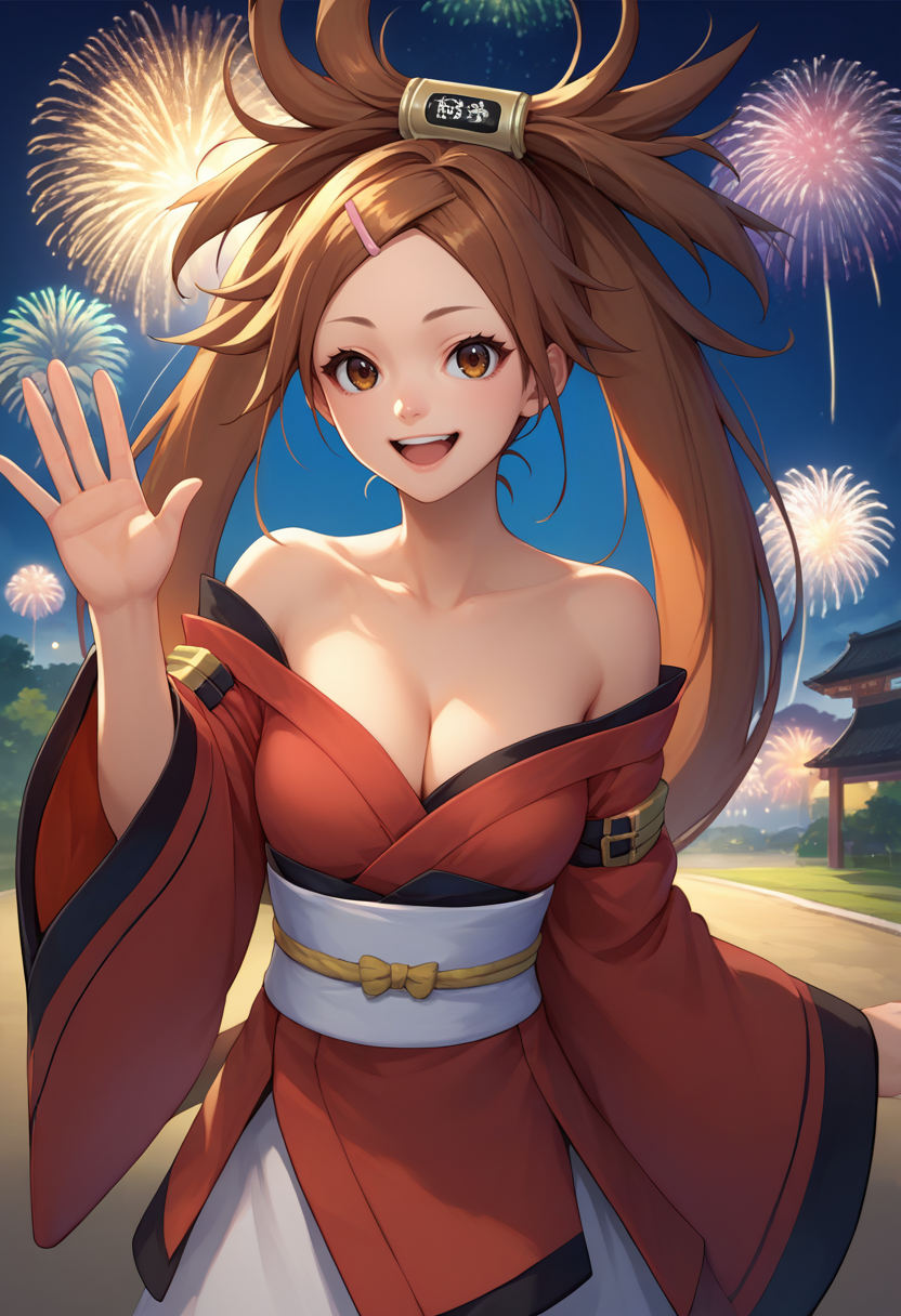 score_9, score_8_up, score_7_up, source_anime, solo, 1girl, kuradoberi jam, happy, upper teeth, looking at viewer, waving, hair rings, hair ornament, hairclip, red kimono, off shoulder, white sash, bare shoulders, cleavage, fireworks <lora:guiltygear_kuradoberi_ponyXL:1>