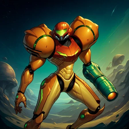 score_9, score_8 score_7, score_6_up, PrimeVaria, power_suit, Green_arm_cannon, helmet, 1_hand, space_background, metallic, dynamic_pose, 1girl,