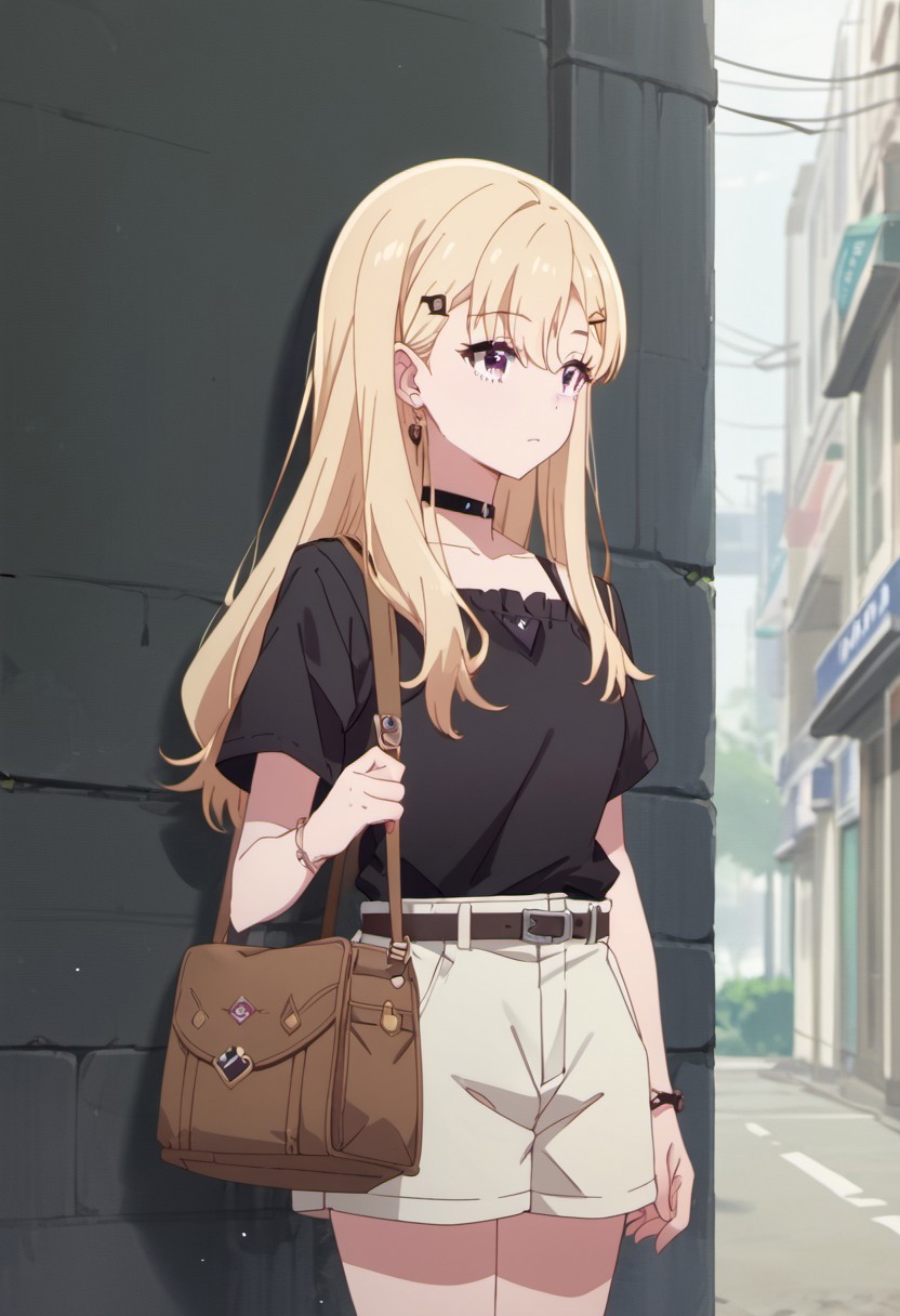 score_9, score_8_up, score_7_up, source_anime,ayase saki, blonde hair, purple eyes, 1girl, solo, bag, long hair, shorts, shirt, choker, hair ornament, hairclip, black shirt, belt
