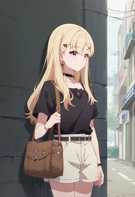 score_9, score_8_up, score_7_up, source_anime,ayase saki, blonde hair, purple eyes, 1girl, solo, bag, long hair, shorts, shirt, choker, hair ornament, hairclip, black shirt, belt