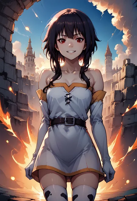 score_9, score_8_up, score_7_up, uncensored, source_anime, OverallDetail
1girl, solo, Megumin(/Konosuba)/,(ultra HD quality details), pale skin, red eyes, black hair, hair between eyes, short hair, sidelocks, long locks, witch hat, (strapless tube dress, cow_print_elbow_gloves:1.5, cow_print_thigh_highs:1.5), dynamic stance, casting magic, explosion, grin
detailed background, fantasy, ruins, castle, (dawn lighting)