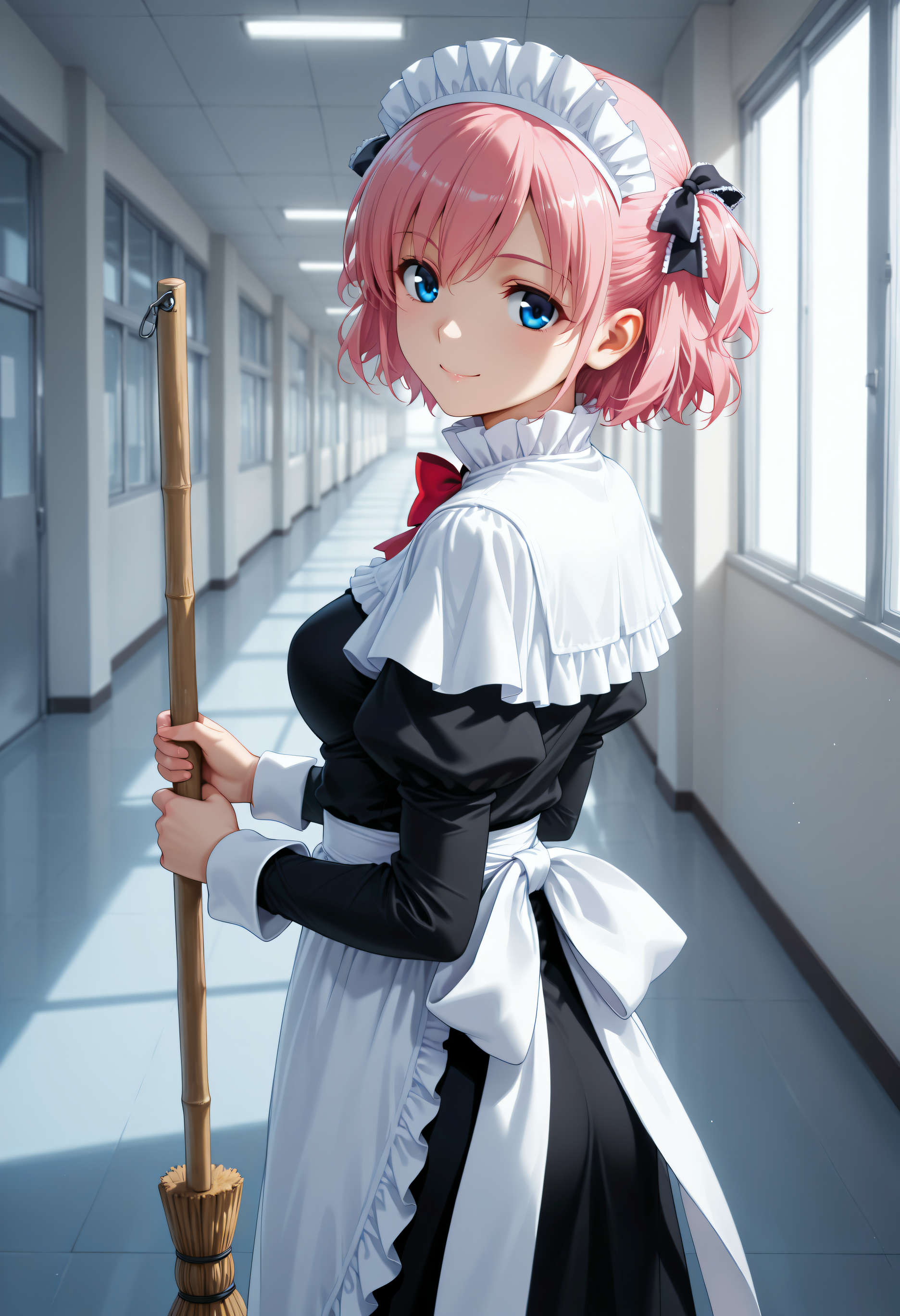 solo, <lora:Char_KomineSachi:1>, blue eyes, pink hair, short hair, two side up, hair ribbon,
S4ciM4id, maid headdress, black dress, frilled dress, frilled collar, capelet, red bowtie, juliet sleeves, long sleeves, maid apron, long dress, back bow,
holding broom, sweeping, school hallway, from behind, looking back, looking at viewer, smile
