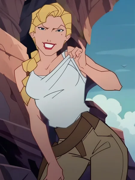 score_9, score_8_up, score_7_up, 1girl, cavern, rocks, sky, detailed background, detailed background, smile, looking at viewer, smile, cowboy shot, (dynamic pose:1.1), dynamic angle, striped, (flashing, breast out:1.1), sexually suggestive, from below,
<lora:HelgaSinclair_character:1>,HelgaXLP, blue eyes, blonde hair, single braid, mole under eye, lipstick, white shirt, belt, brown pants, no bra, tank top, anime screencap,