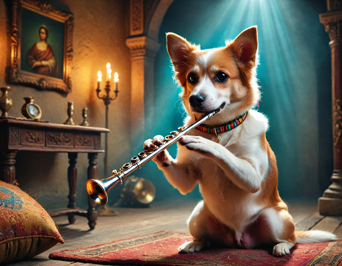 cinematic still musicianlora, dog playing flute . emotional, harmonious, vignette, 4k epic detailed, shot on kodak, 35mm photo, sharp focus, high budget, cinemascope, moody, epic, gorgeous, film grain, grainy, musicianlora, dog playing flute, colorful magic, deep focus, beautiful, intricate, elegant, highly detailed, fine detail, dramatic light, professional, ambient, dynamic background, pristine, sharp, designed, vivid, color, illuminated, epic, great composition, complex, brilliant, expressive, perfect, vibrant colors, symmetry, aesthetic, amazing, pretty, attractive