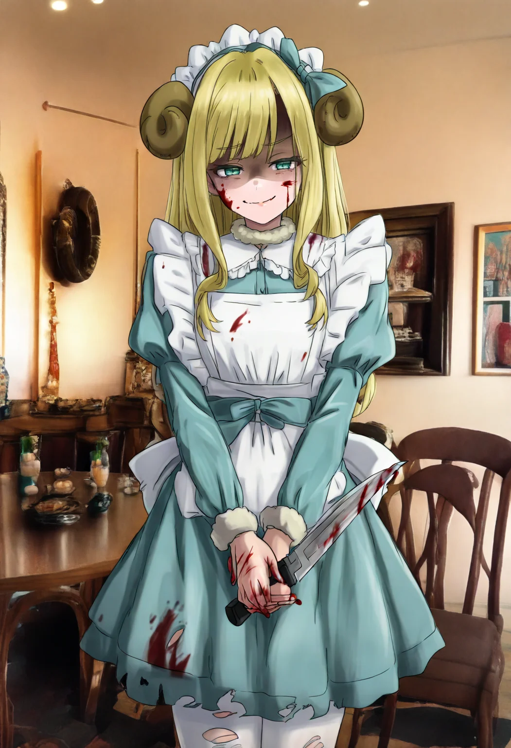 best quality, amazing quality, very aesthetic, cowboy shot, <lora:Gishiki:1>, solo, 1girl, <lora:Kaoruko (Akiba Maid Sensou):1>, akibameidokaoruko, blond hair, long hair, green eyes, aqua eyes, alternate costume, goth fashion, unconventional maid, sheep horns, maid headdress, light blue dress, short dress, juliet sleeves, puffy long sleeves, frilled dress, frills, white collar, frilled collar, maid apron, layered skirt, white pantyhose, torn pantyhose, torn legwear, blood on face, blood on clothes, blood on hands, knife, standing, v arms, own hands together, holding knife, blood on knife, evil smile, closed mouth, smug, half-closed eyes, shaded face, looking at viewer, photo background, maid cafe, indoors, tables, chairs, <lora:ChamIllustriousBackgroundEnhancer:1>