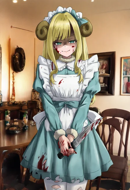best quality, amazing quality, very aesthetic, cowboy shot, <lora:Gishiki:1>, solo, 1girl, <lora:Kaoruko (Akiba Maid Sensou):1>, akibameidokaoruko, blond hair, long hair, green eyes, aqua eyes, alternate costume, goth fashion, unconventional maid, sheep horns, maid headdress, light blue dress, short dress, juliet sleeves, puffy long sleeves, frilled dress, frills, white collar, frilled collar, maid apron, layered skirt, white pantyhose, torn pantyhose, torn legwear, blood on face, blood on clothes, blood on hands, knife, standing, v arms, own hands together, holding knife, blood on knife, evil smile, closed mouth, smug, half-closed eyes, shaded face, looking at viewer, photo background, maid cafe, indoors, tables, chairs, <lora:ChamIllustriousBackgroundEnhancer:1>