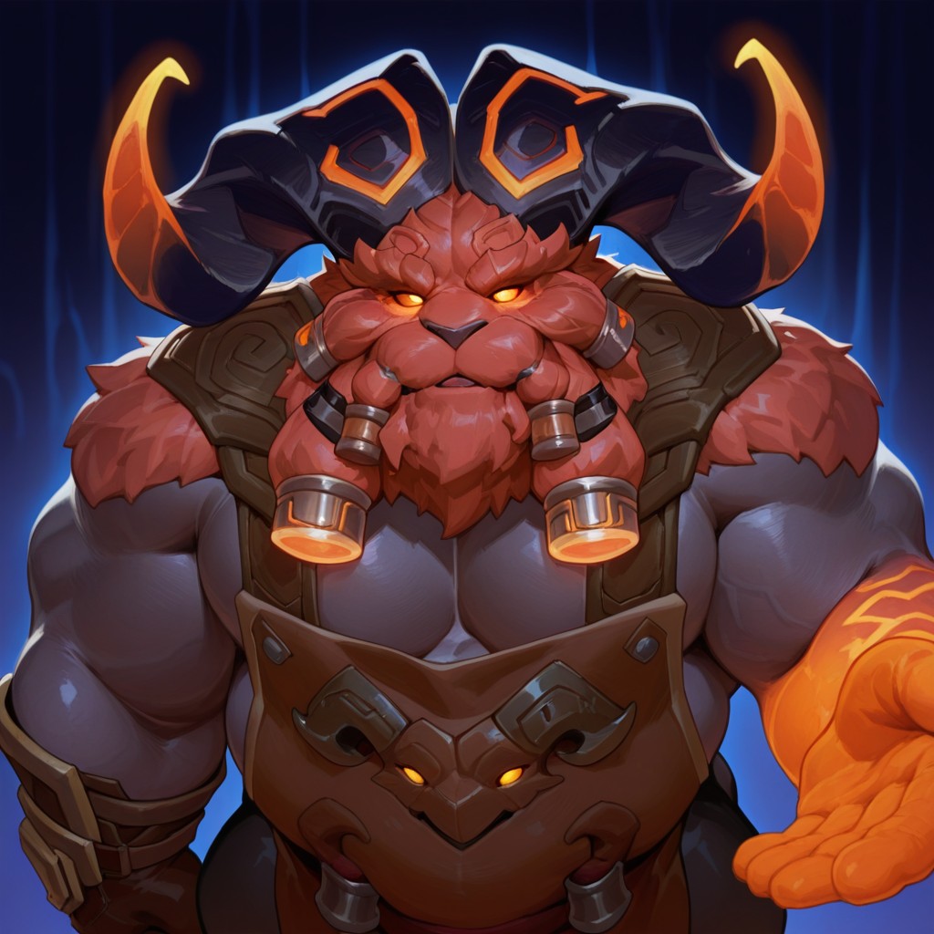 masterpiece, best quality, amazing quality, solo, 1boy, null-ghost, Ornn, bara, glove, apron, glowing eyes, close up,