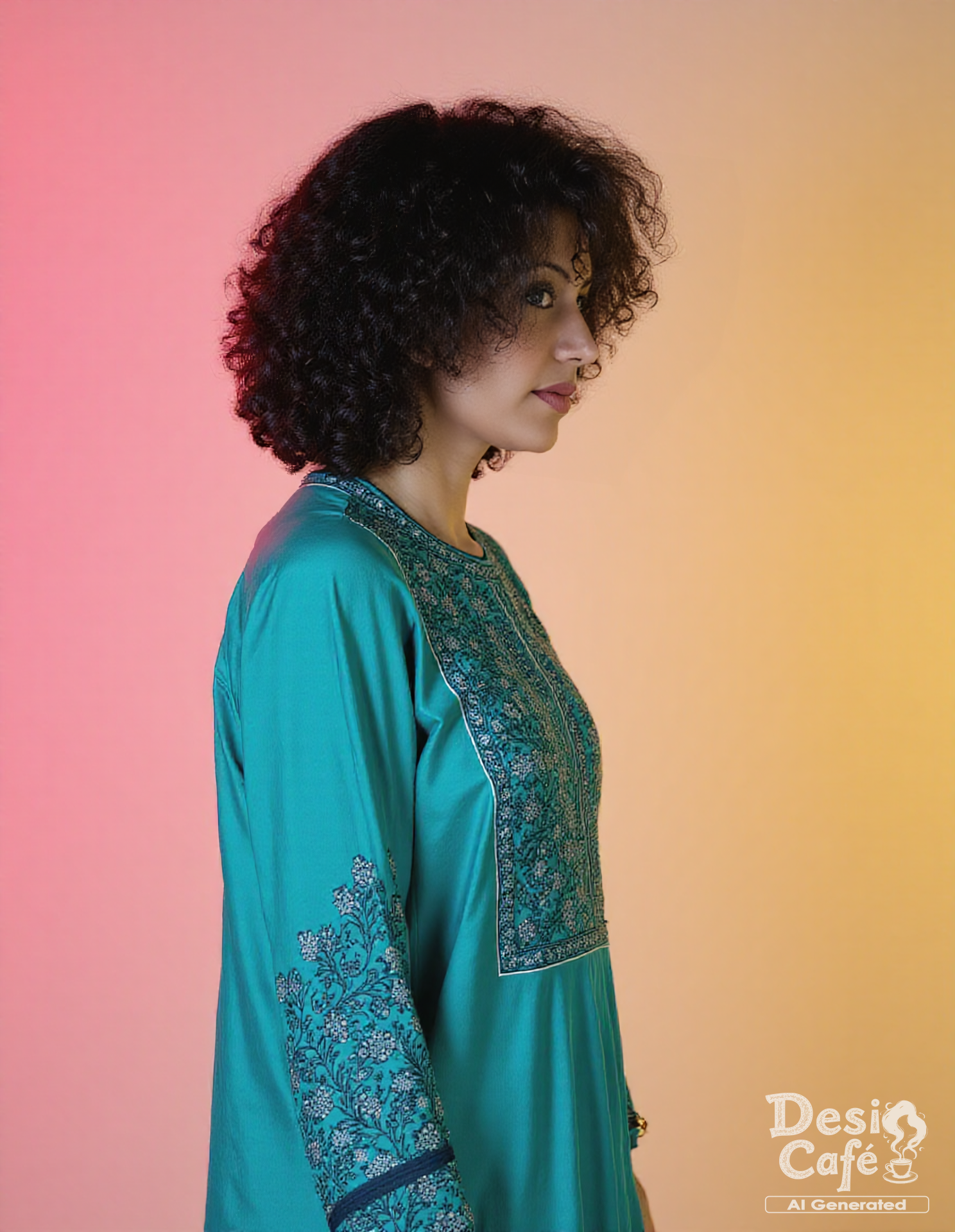 side view photo of m4nd1r4 b3d1 woman, hyper realistic photo that is safe for work, shouting, studio quality image with natural colors, well dressed wearing intricate long sleeved Cyan Bandhani Dress, hair styled as  curls,muted pastel shaded multicolored background that contrasts with the person, cinematic lighting,âââââ   <lora:m4nd1r4_b3d1_Mandira_Bedi_Flux_Kohya_V1:0.9>âââ