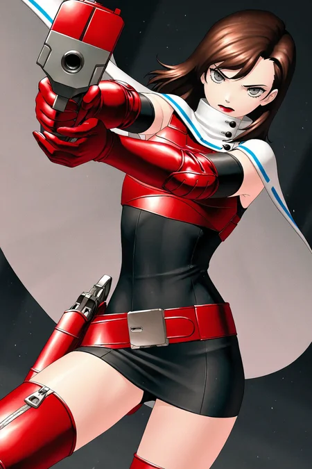 masterpiece, best quality, amazing quality, very aesthetic, absurdres, newest, SMTHEROI, 1girl, solo, medium hair, long hair, straight hair, brown hair, grey eyes, red lipstick, red neck armor, (white short cape, blue tape trim, buttons), (red breastplate, grey breast pads), black camisole dress, short black sleeves, elbow gloves, grey elbow pads, red belt, holster, (red thigh boots, zipper), grey kneepads, cowboy shot, action pose, dynamic pose, dash slide, holding, sci-fi handgun, aiming at viewer, dutch angle, dark misty background, looking at viewer