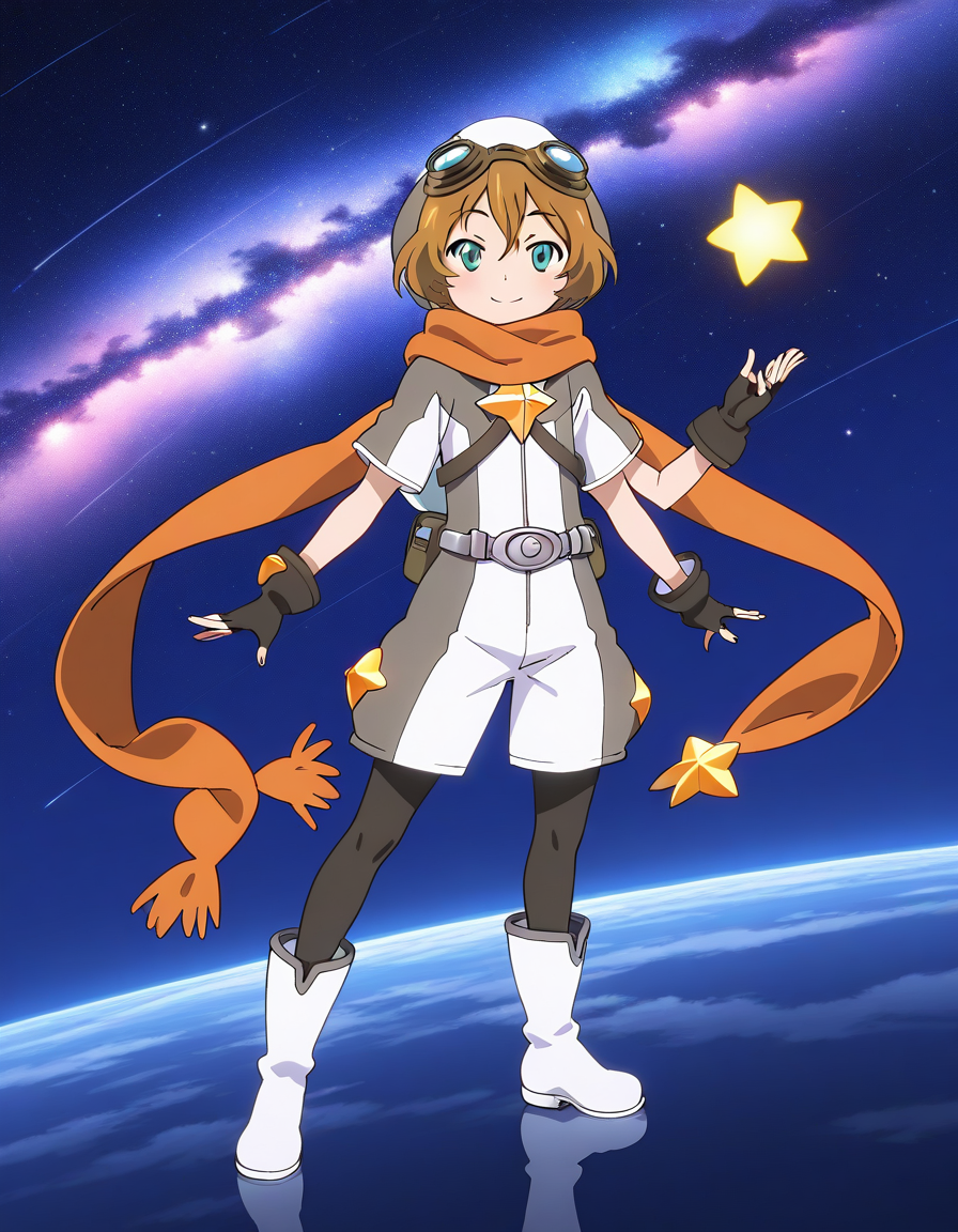 general,highres, ultra-detailed,very aesthetic,best quality ,best hands,  BREAK <lora:Elnath_Houkago_no_Pleiades_IS:1> Elnath(Pleiades), 1boy,solo, scarf, goggles, brown hair, goggles on head, short hair, aqua eyes, 
 1girl, solo, full body, gloves, boots, smile, pantyhose, shorts, looking at viewer, orange scarf, fingerless gloves,  male child,
white footwear, short sleeves, star (symbol), black pantyhose, black gloves, standing, white shorts,
galaxy, sky,