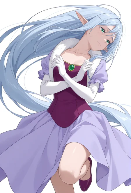Smooth Quality,masterpiece,very intricate, high quality details, ultra realistic, high detailed skin,detailed enviorement,absurdres,
simple background, white background, 
,sobbing,dynamic pose, arms crossed, one leg bent, confident stance, slight head tilt, relaxed hands,  ,
 <lora:El-Ru_Sarion_Elmesia_cnn:0.8>elmesiacnn,1girl, green eyes, pointy ears, blue hair, very long hair,
purple dress,white gloves, elbow gloves,fur trim,