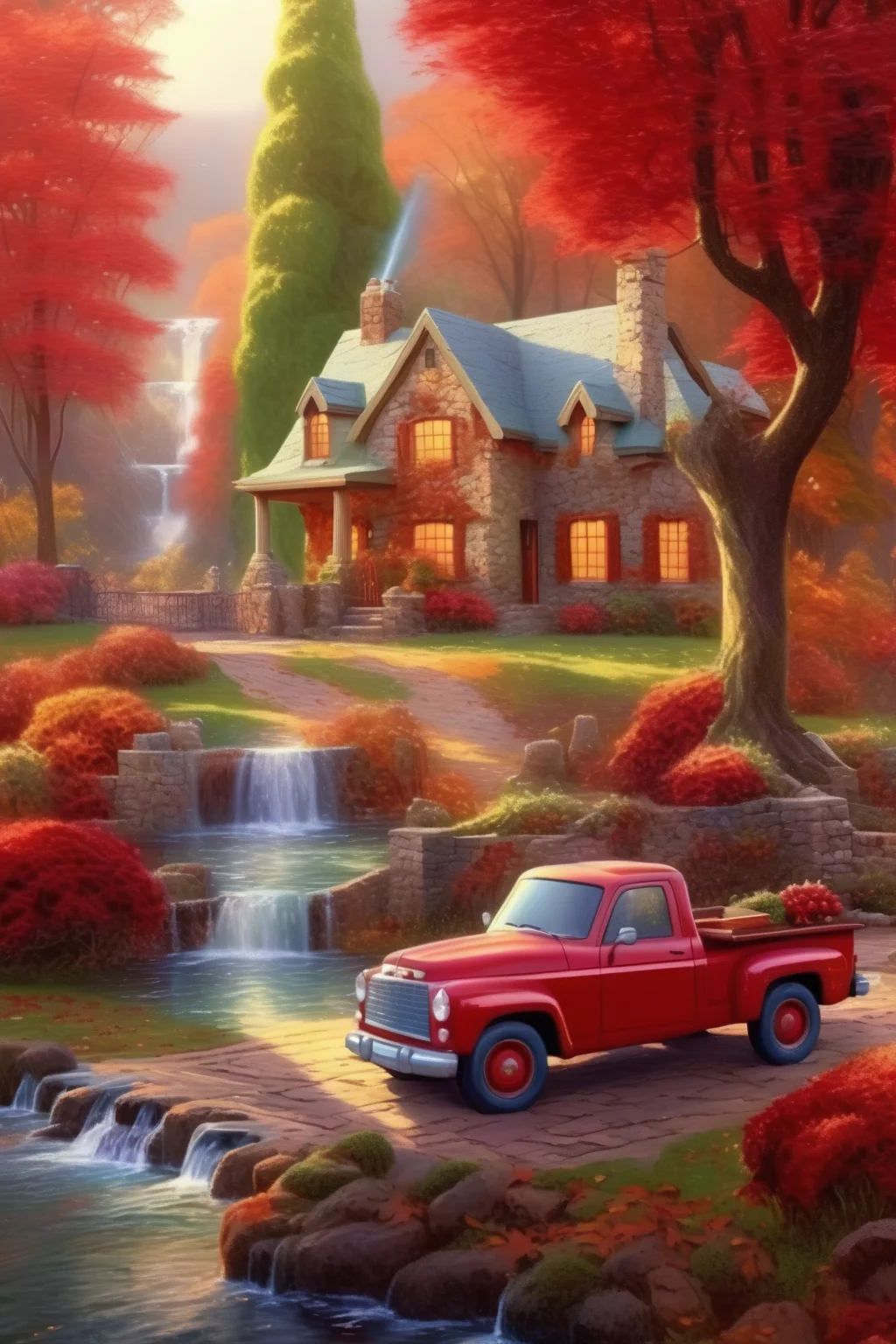 <lora:Thomas Kinkade Style:1>Thomas Kinkade Style - Magical autumn in the style of Thomas Kinkade. A small stone house in the foreground next to a waterfall. Next to the house is a small car - a pickup truck with a red body. Sunny day. The house is entwined with green climbing plants. Nearby are many trees with autumn foliage. High quality, super detail