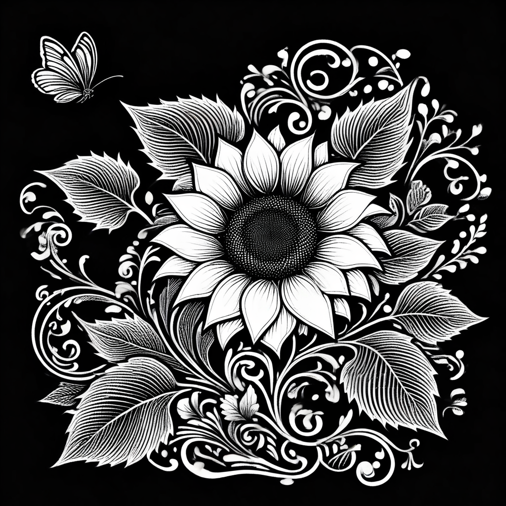 white flower, antennae, monochrome, sunflower, profile, traditional media, rose, black background, standing