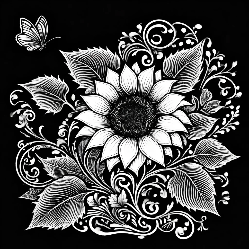 white flower, antennae, monochrome, sunflower, profile, traditional media, rose, black background, standing