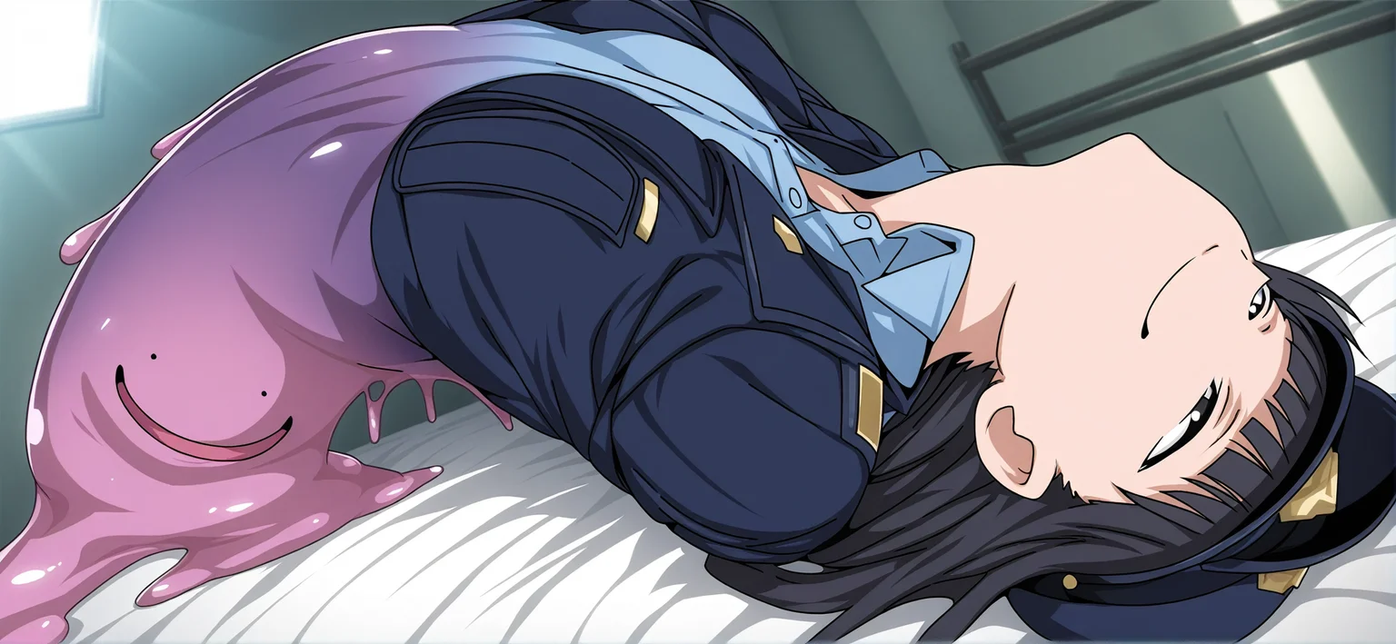 transformed ditto, slimification, melting, melting skin, gradient thighs, 
masterpiece, sensitive, anime, 
1girl, solo, police uniform, hat, jacket, solo focus, upper body, [ (exploding clothes, tearing clothes:1.2): slime \(substance\):12], gradient skin, black hair, blunt bangs, (. .), smug, half-closed eyes, facing up, on bed, sunlight, arched back, floating, on ground, fisheye, solo focus, sideways, dutch angle, 
<lora:Illustrious_slimification_transformed-ditto_batch1_dim2_a1_epoc60_step5760_adjusted:1>