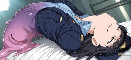 transformed ditto, slimification, melting, melting skin, gradient thighs, 
masterpiece, sensitive, anime, 
1girl, solo, police uniform, hat, jacket, solo focus, upper body, [ (exploding clothes, tearing clothes:1.2): slime \(substance\):12], gradient skin, black hair, blunt bangs, (. .), smug, half-closed eyes, facing up, on bed, sunlight, arched back, floating, on ground, fisheye, solo focus, sideways, dutch angle, 
<lora:Illustrious_slimification_transformed-ditto_batch1_dim2_a1_epoc60_step5760_adjusted:1>