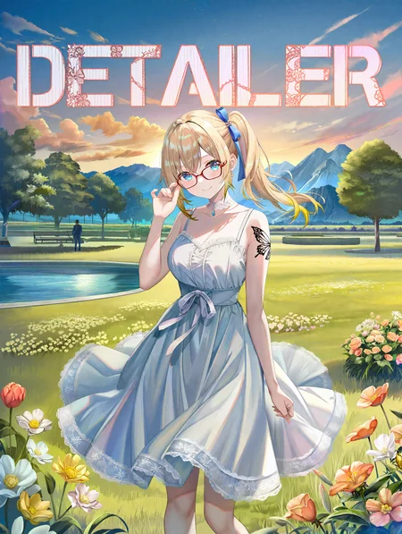 1girl, side ponytail, blue eyes, sundress, flowers, summer vibe, park, shoulder tattoo, butterfly tattoo, DETAILER logo, (sky:1.2), clouds, golden hour, lace choker, scenery, breasts, light, shadow, focus on scenery, feet out of frame, glasses, adjusting eyewear, hand up, grass, water, lace trim, hair ribbon, mountain,
[achyue:0.4],[(momoko \momopoco\:0.8)::0.3], [torino aqua::0.5], kiniro tofu, [junpaku karen:0.5],[(leveen:0.7):0.6], sencha bashira, [takashia \(akimototakashia\):0.7],  (masaki nanaya:0.7),  nagi itsuki, [aoi sakura \(seak5545\):0.5],
masterpiece, best quality, very aesthetic, high quality, newest, very awa, crisp, detailed skin texture,
<lora:NOOB_vp1_detailer_by_volnovik_v1:1>, <lora:ponyv6_noobV1_2_adamW:0.7>,
