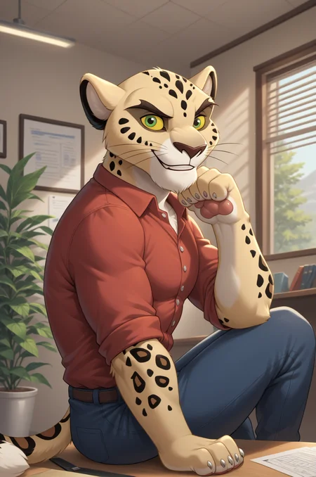 <lora:MakuchaPony-10:1>,score_9, score_8_up, score_7_up, male, Makucha, leopard, green eyes, yellow sclera, solo, anthromorphic body, detailed background, detailed background, Expressive, paws, paw_pads, solo, smile, (looking at viewer:1.3), sitting, sitting on desk, office, buff, red shirt, dark blue pants, buff, close up on face