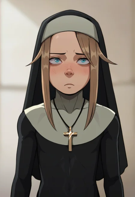 score_9, score_8_up, score_7_up,  <lora:add-detail-xl:3>,
BREAK
<lora:Sister_Hildegard:0.8>, Gardie, brown hair, blue eyes, habit, nun , nun dress, cross necklace,
BREAK
solo, standing, shy,upper body,