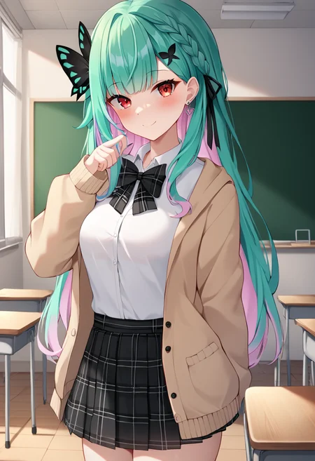 rushia_jk, multicolored hair, pink hair, green hair, long hair, red eyes, braid, small breasts, butterfly hair ornament, virtual youtuber, hair ornament, skirt, ribbon, earrings, jewelry, plaid, plaid skirt, beige cardigan, open cardigan, bowtie, collared shirt, petite, BREAK indoors, classroom BREAK sexy pose, looking at viewer, sexy face, sexy smile, cowboy shot, dynamic pose, BREAK score_9, score_8_up, score_7_up, source_anime ,zPDXL, perfect hand, <lora:Uruha_Rushia:0.8>