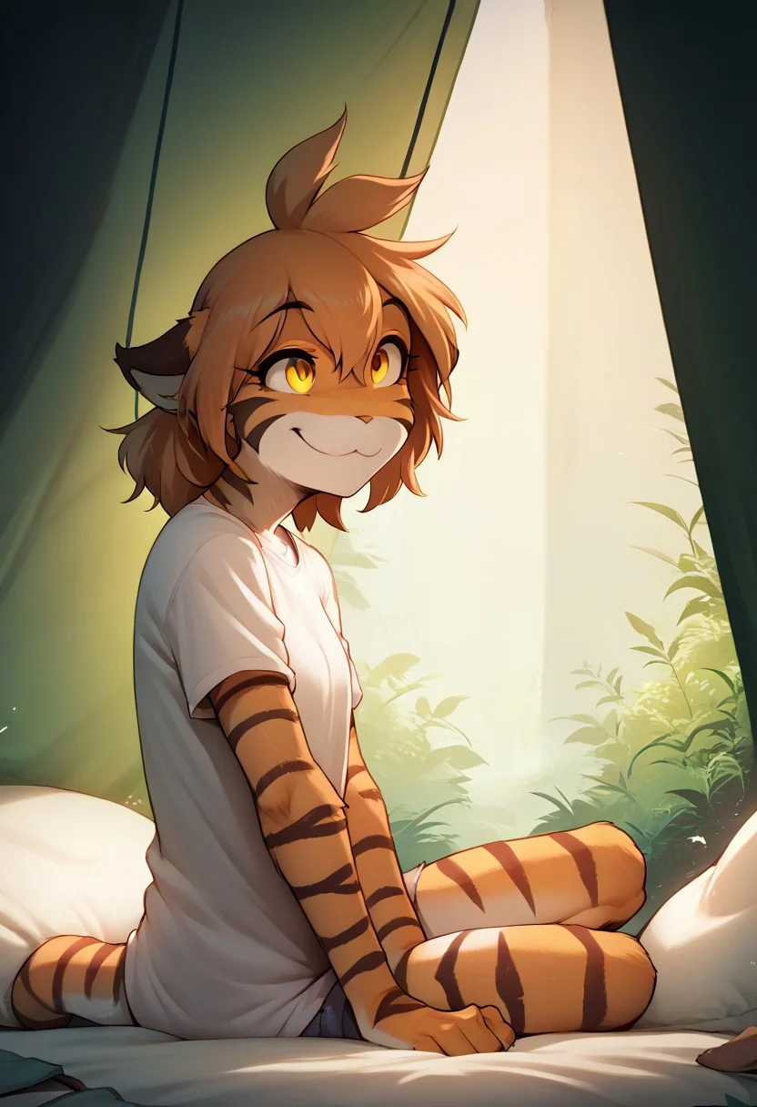 score_9, score_8_up, score_7_up, score_6_up, source_anime, 1girl, tkflora, tiger, striped fur, keidran, yellow eyes, anthro, happy, smile, sh1rttug, Shirt tug ,Shirt tug pose, white shirt in tent, bed roll, view from side