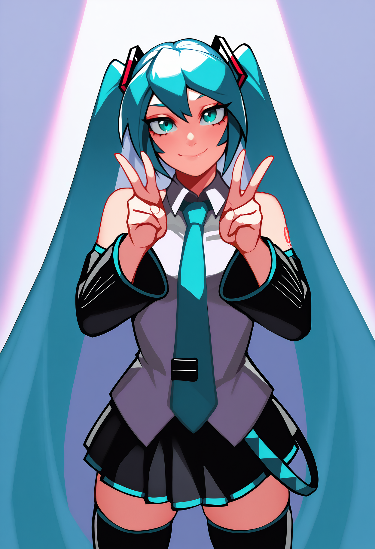masterpiece, best quality, <break> cowboy shot, solo, 1girl, hatsune miku, smile, looking at viewer, standing, double v, aqua hair, twintails, aqua eyes, grey shirt, sleeveless shirt, aqua necktie, black sleeves, detached sleeves, black skirt, pleated skirt, black thighhighs, spotlight
 <segment:yolo-face_yolov8m.pt,0.4,0.5//cid=1>