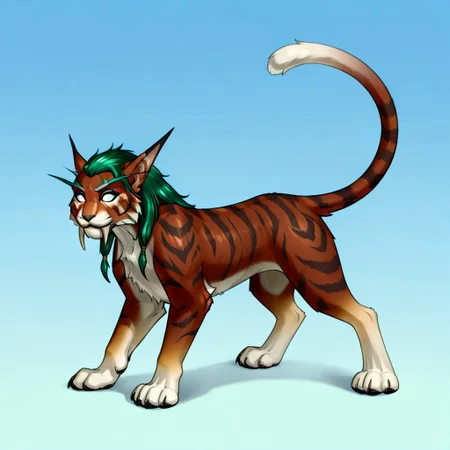 semi-realistic, feral druid cat form from world of warcraft,feline, feral druid, emerald striped fur, shiny stripes, shiny white eyes, darken emerald hair, solo, original character, four paws, one tail, one head, two saberteeth, anatomically correct feline body, perfect anatomy, perfect feline body, no background, ghost form of the feral druid, long elf ears, gradient fur colors