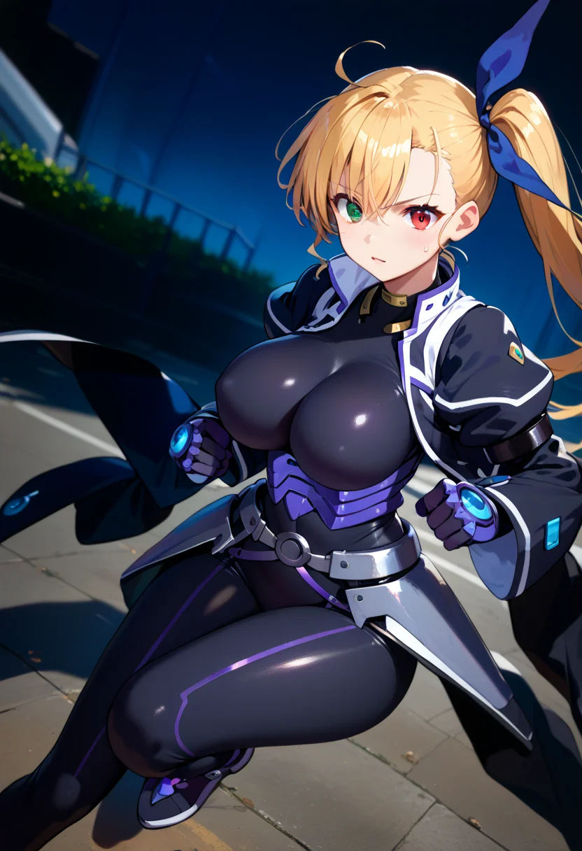 score_9, score_8_up, score_7_up, score_6_up, score_5_up, source_anime,
1girl, solo,
<lora:vivio:1> vivio, blonde hair, side ponytail, heterochromia, green eyes, red eyes, bodysuit, aged up, black jacket,hair ribbon, blue ribbon
shiny skin, sweat, huge breasts,