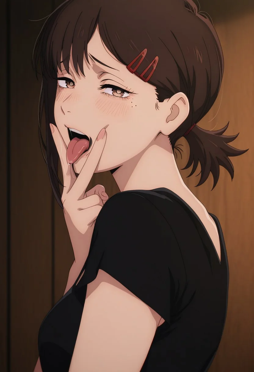 masterpiece, best quality, amazing quality,, <lora:kobeni-higashiyama-s1-illustriousxl-lora-nochekaiser:1>, kobeni higashiyama, higashiyama kobeni, black hair, hair ornament, hairclip, mole, mole under eye, ponytail, short hair, brown eyes, mature female, small breasts, anime screencap, <lora:cunnilingus-gesture-illustriousxl-lora-nochekaiser:1>, cunnilingus gesture, v over mouth, tongue out, tongue, v, saliva, blush, from side, looking at viewer, torogao, half-closed eyes, upper body,