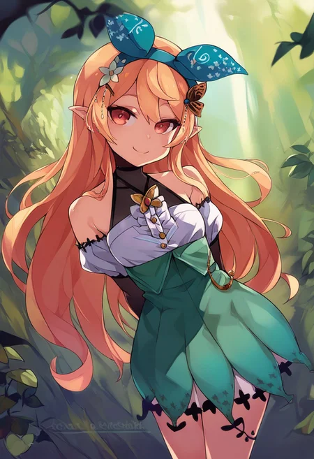 score_9, score_8_up, score_7_up, score_6_up,
2d,
1girl, pomu rainpuff
expressive eyes, perfect face, young adult, small breasts, innocent eyes, innocent smile,
standing, arms behind back, looking away from viewer,
forest, pomu1st, hair ribbon, hair flower, butterfly hair ornament, halterneck, black gloves, white shirt, black gloves, green skirt, high-waist skirt, fairy wings