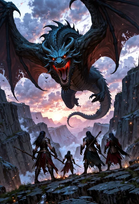 FluxEpicDragon, three stunning warrior women, in bronze armor, armed with swords and spears, in battle stances, face a majestic fearsome dragonswooping towards them, on a mountaintop overlooking a deep gorge, viewed from behind them. Stormy sky, black clouds with shafts of reddish light from a setting sun. Perfect Composition, realistic photographic image, RAW photo highest quality, perfect directional lighting, dynamic, cinematic <lora:FluxEpicDragons:1>