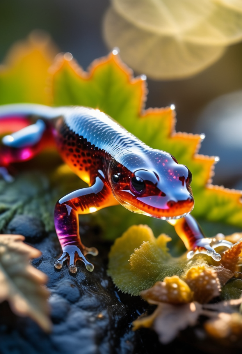 macro-level extremely detailed 32k UHD RAW photo depicting a perfect salamander entirely made of crystal, showcasing a multifaceted translucent body with a prismatic effect as light passes through, taken by a national geography photographer with DSLR, beautiful sunlight