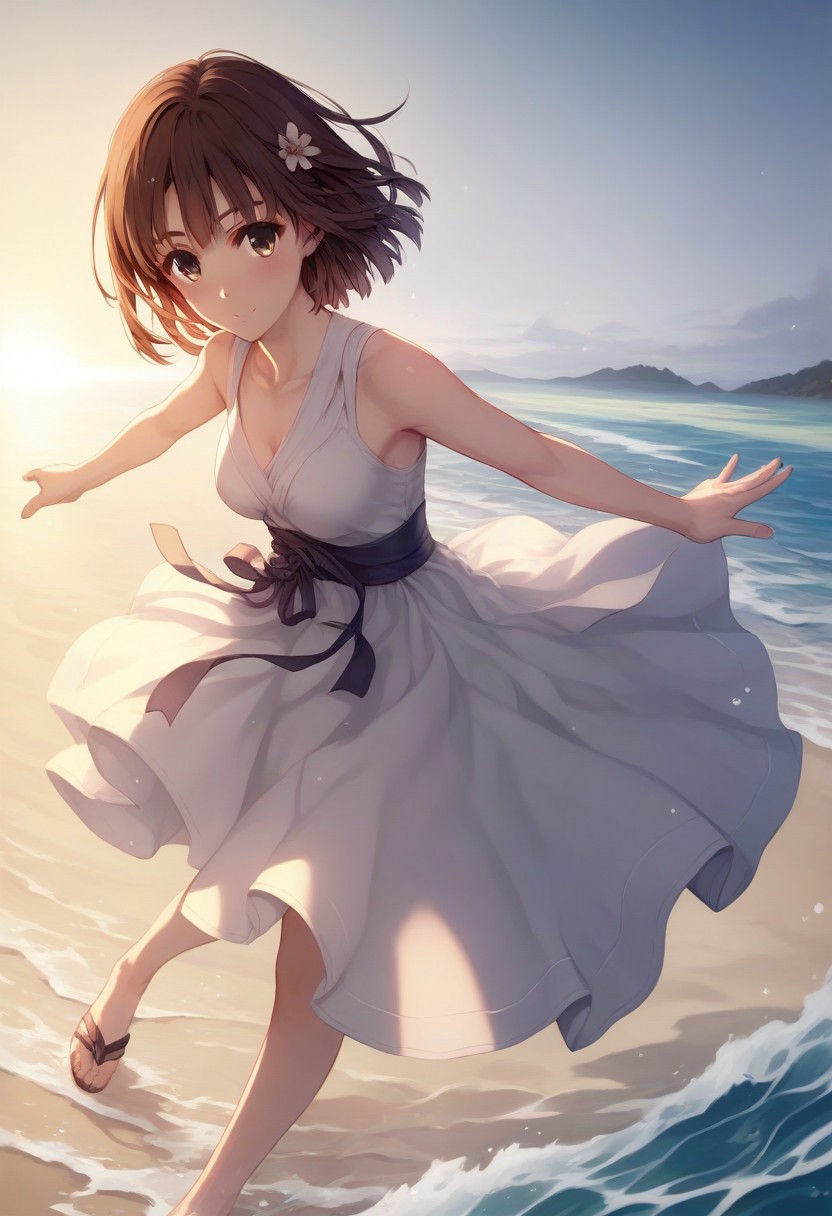 score_9, score_8_up, score_8, score_7_up, score_7, source_anime,
1girl, katou megumi, Megumi <lora:KatoMegumi:1>,brown hair,katou megumi,brown eyes, short hair , medium breasts,  solo, Looking at viewer, masterpiece, best quality, seaside theme, standing barefoot on the beach at sunset, waves gently washing over her feet, wearing a flowing white summer dress, wind blowing through her hair and dress, holding her sandals in one hand, the other hand shielding her eyes as she gazes toward the horizon, serene and contemplative expression, vibrant orange and pink hues in the sky, wet sand reflecting the sunset, calm and peaceful atmosphere, dynamic side-angle perspective, soft lighting, cinematic depth of field