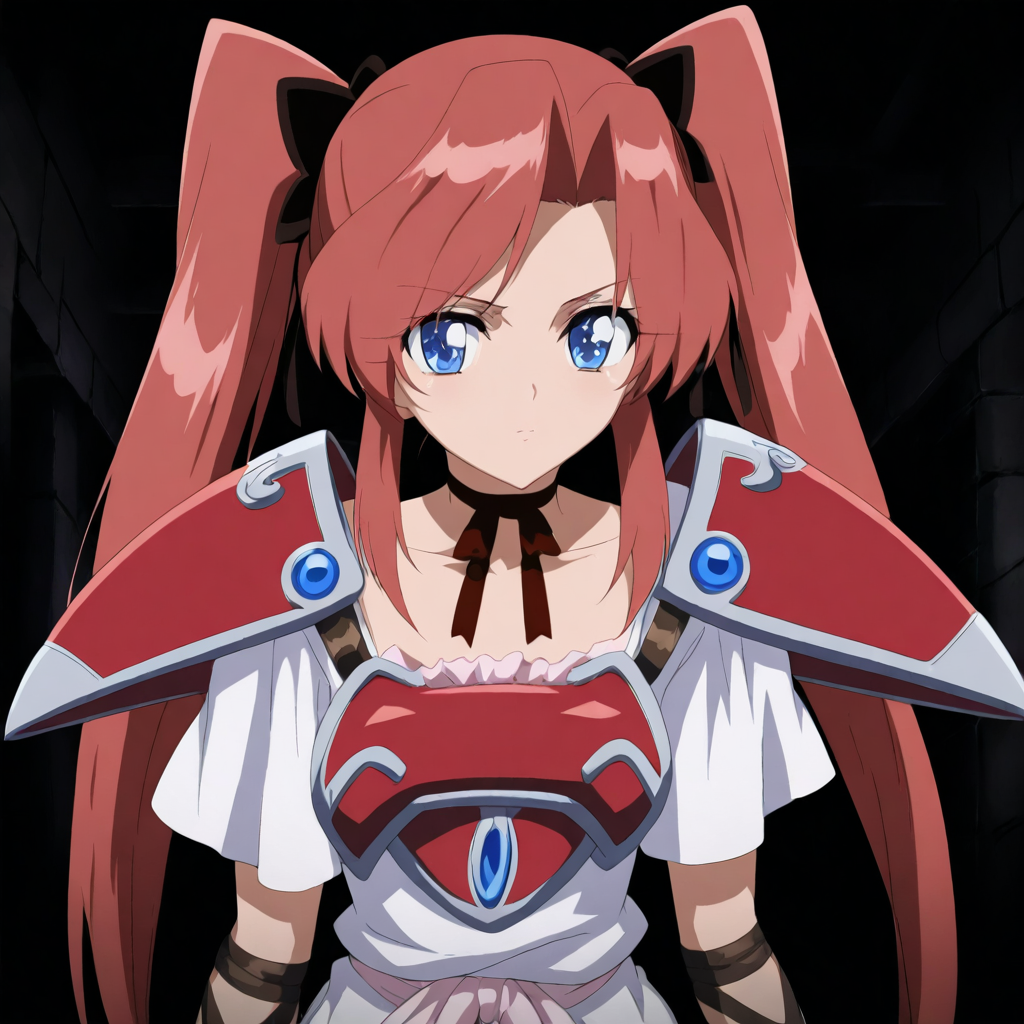 solo,anime coloring,looking at viewer,upper_body,masterpiece,high score,great score,absurdres,<lora:Skuld ag4o:1> skuld, red hair, twintails, blue eyes,armor,