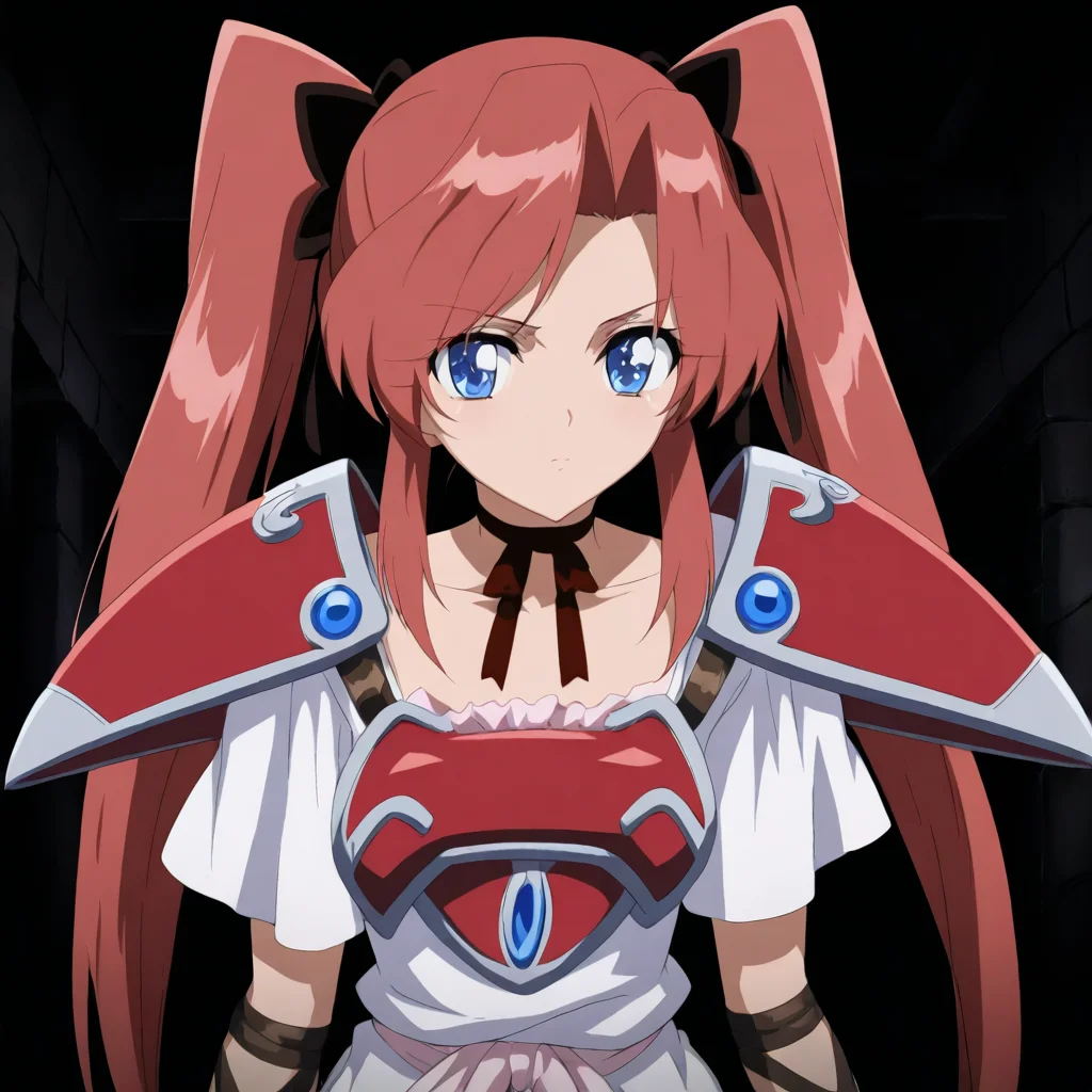 solo,anime coloring,looking at viewer,upper_body,masterpiece,high score,great score,absurdres,<lora:Skuld ag4o:1> skuld, red hair, twintails, blue eyes,armor,