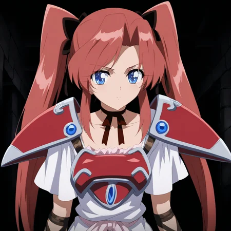 solo,anime coloring,looking at viewer,upper_body,masterpiece,high score,great score,absurdres,<lora:Skuld ag4o:1> skuld, red hair, twintails, blue eyes,armor,