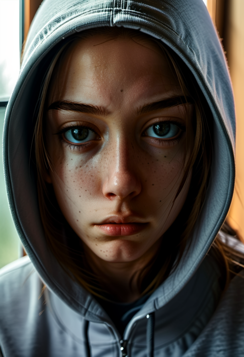 <lora:Evie_Frye_xl-000009:1> a girl with a hoodie and a hoodie on looking at the camera with a sad look on her face and eyes and a window