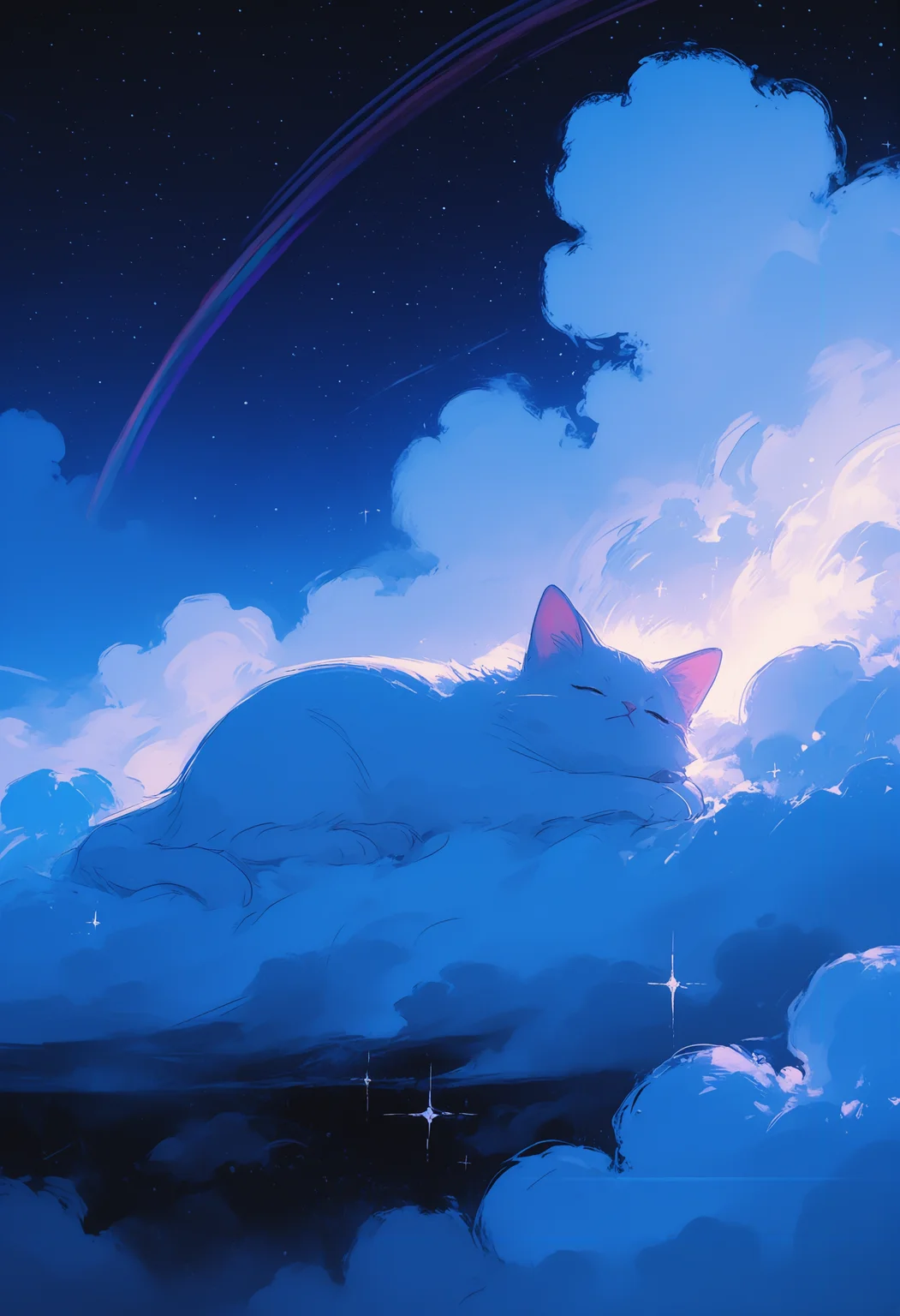 masterpiece, best quality, good quality, very awa, very aesthetic, absurdres, newest, closed_eyes, outdoors, lying, sky, cloud, blue_sky, sparkle, no_humans, night, animal, on_side, cat, sleeping, star_\(sky\), night_sky, starry_sky, animal_focus, white_fur, rainbow, film_grain, fluffy, white_cat, 748cmstyle,usnr,retro