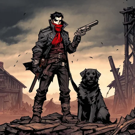 high-definition 8k comicish artwork in dgst artstyle of a fullbody male highwayman, action shot, old ruins background, fighting pose, 1boy (red neckerchief covering mouth, short black hair, rugged, muscular, coat with fur collar, belt with guns, masculine, leather boots), highwayman, front on, arms crossed, lower face covered, fullbody,  combat pose, full of action, masterpiece, shooting gun, fight stance