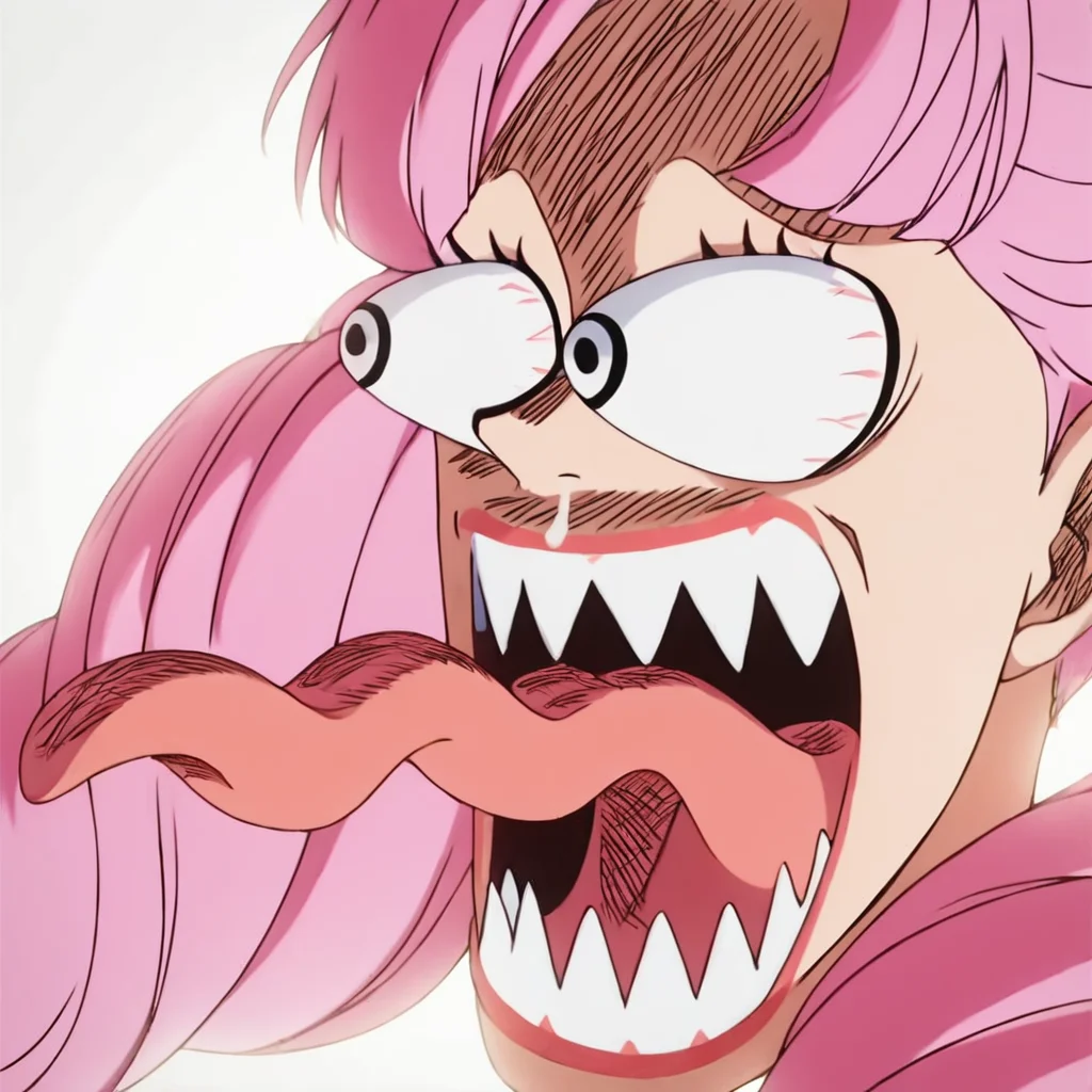 score_9, score_8_up, score_7_up, score_6_up, score_5_up, score_4_up, 1girl, pink hair, long hair, twintails, alone, masterpiece, highres, highly detailed face, <lora:onepiece_funny_face:1>, one_piece_funny_face, eye pop, snot, sharp teeth, eyes vein lines, open mouth, tongue out, long tongue