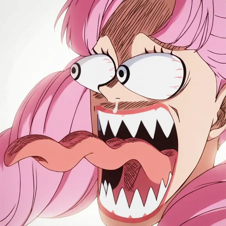 score_9, score_8_up, score_7_up, score_6_up, score_5_up, score_4_up, 1girl,  pink hair, long hair, twintails, alone, masterpiece, highres, highly detailed face, <lora:onepiece_funny_face:1>, one_piece_funny_face, eye pop, snot, sharp teeth, eyes vein lines, open mouth, tongue out, long tongue