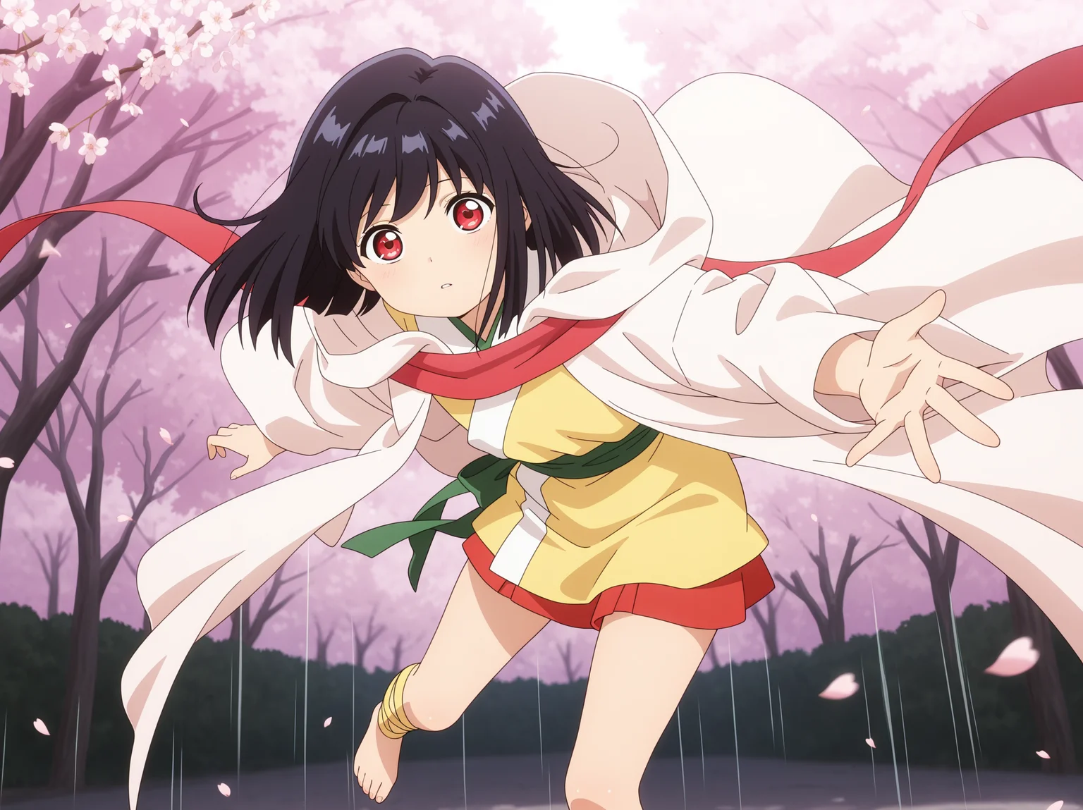 absurdres,highres,masterpiece,best quality,amazing quality,official anime artwork,outdoors,
anime screencap,skinny,(CCSCC18 \(style\):1),
1girl,solo,
(Volumetric Lighting,Cinematic Lighting),
spring \(season\),cherry blossoms,falling petals,floating hair,
upper body,dynamic pose,motion lines,motion blur,
leaning forward,close-up,parted lips,reaching towards viewer,
BREAK <lora:Vampire_Princess_Yui_illuV01_b3g2plw08plw00c1wd05_d32a16_lr800s2_rvs:1>,
Yui_Senyasyo,black hair,medium hair,red eyes,white hooded robe,yellow short kimono,white lapels,red scarf,hood down,long sleeves,wide sleeves,green sash,sash under robe,red petticoat,yellow leg ribbon,barefoot,