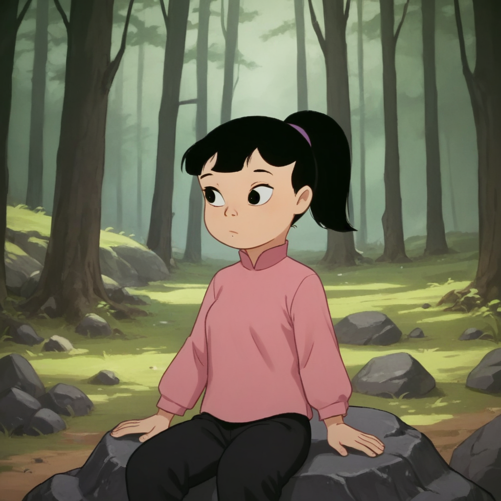 score_9_up, score_8_up, BREAK, Stormy, 1girl, solo, black hair, ponytail, black eyes, pink shirt, black pants, cowboy shot, purple flats, sitting on rock, forest,  <lora:Stormy_TheManFromButtonWillow_PXL_Leaf2:1>