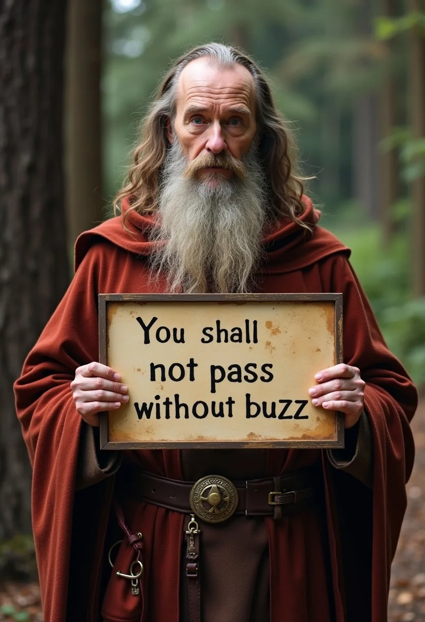 Gandalf holding sign with text, "You shall not pass without buzz"